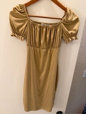 Missguided Puff-Sleeve Square Neck Midi Dress in Beige